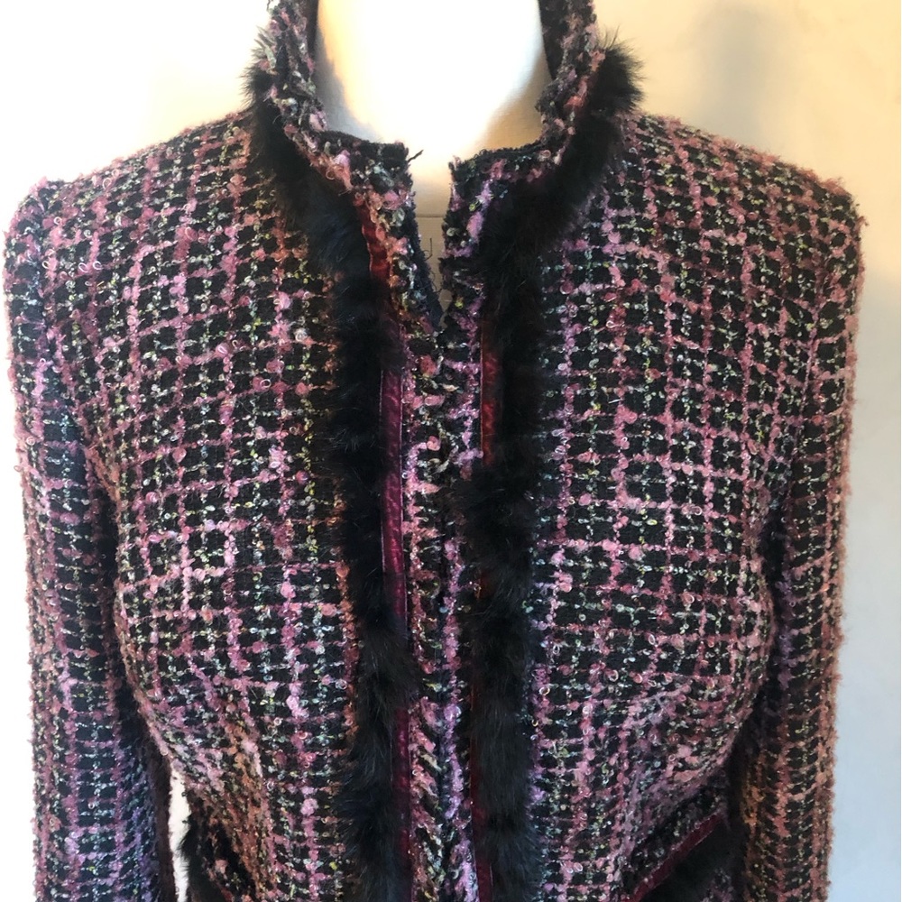 DS Essentials Rare Pink, Multi-Color Tweed Blazer black fur velvet trim Size 10 - Picture 3 of 13